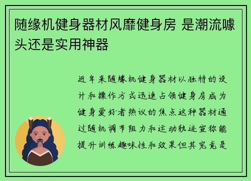 随缘机健身器材风靡健身房 是潮流噱头还是实用神器