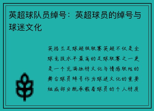 英超球队员绰号：英超球员的绰号与球迷文化