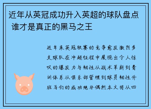 近年从英冠成功升入英超的球队盘点 谁才是真正的黑马之王