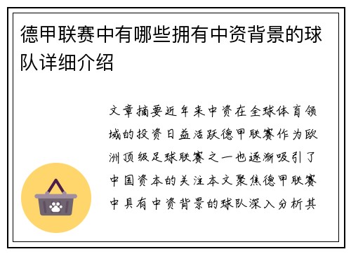 德甲联赛中有哪些拥有中资背景的球队详细介绍